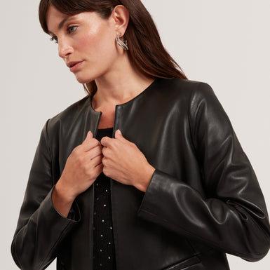 QUENTIA: Cropped Collarless Leather Jacket