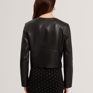 QUENTIA: Cropped Collarless Leather Jacket