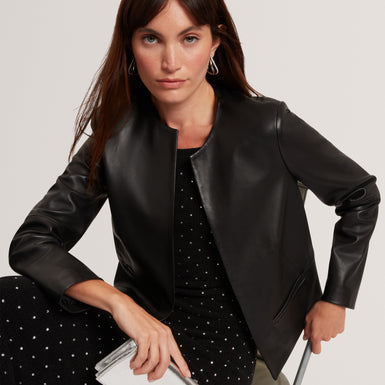 QUENTIA: Cropped Collarless Leather Jacket
