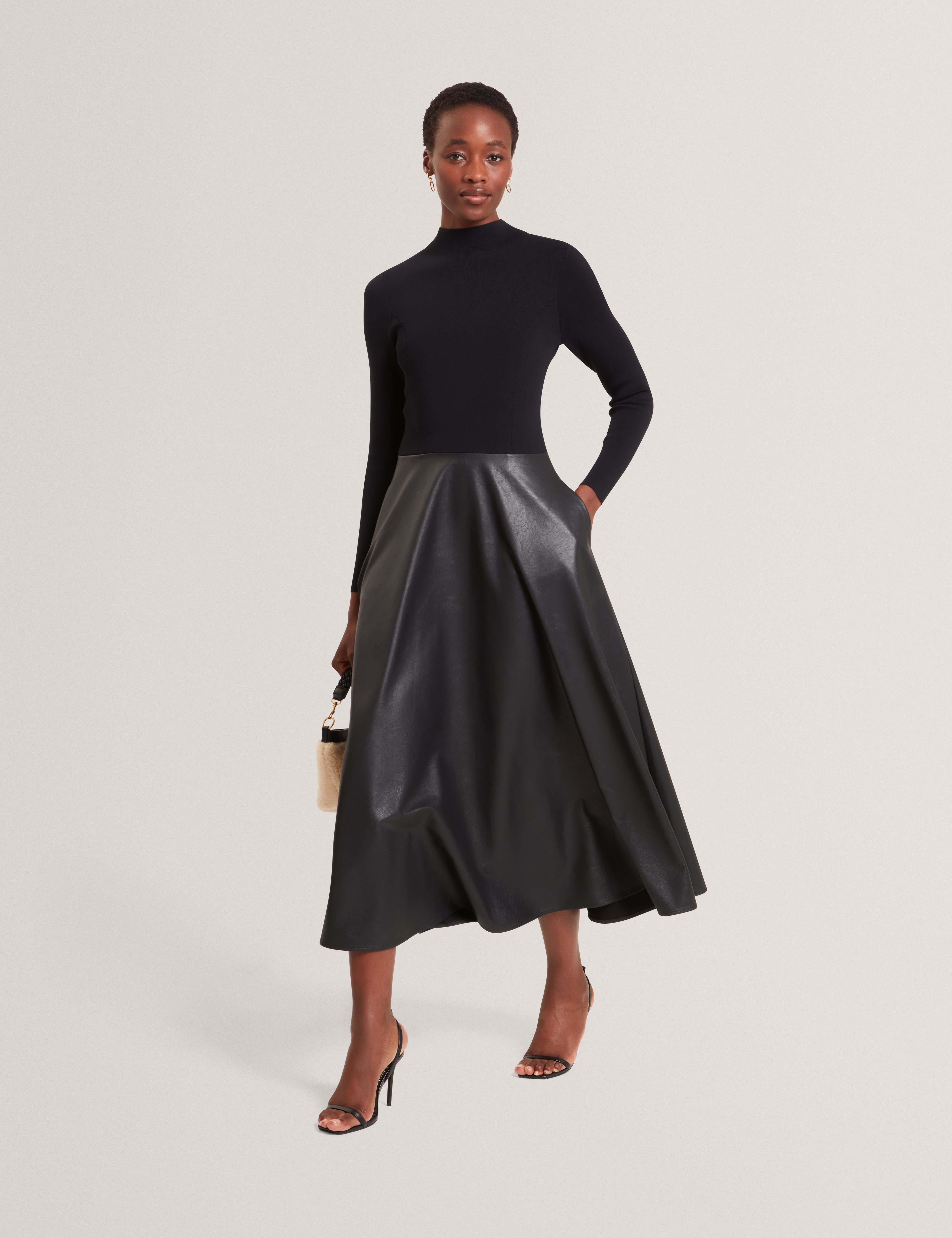 NOVIVA: Midi Dress With Faux Leather Skirt