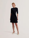 Women's LILANO-Ribbed Knit Button Detail Skater Dress Navy