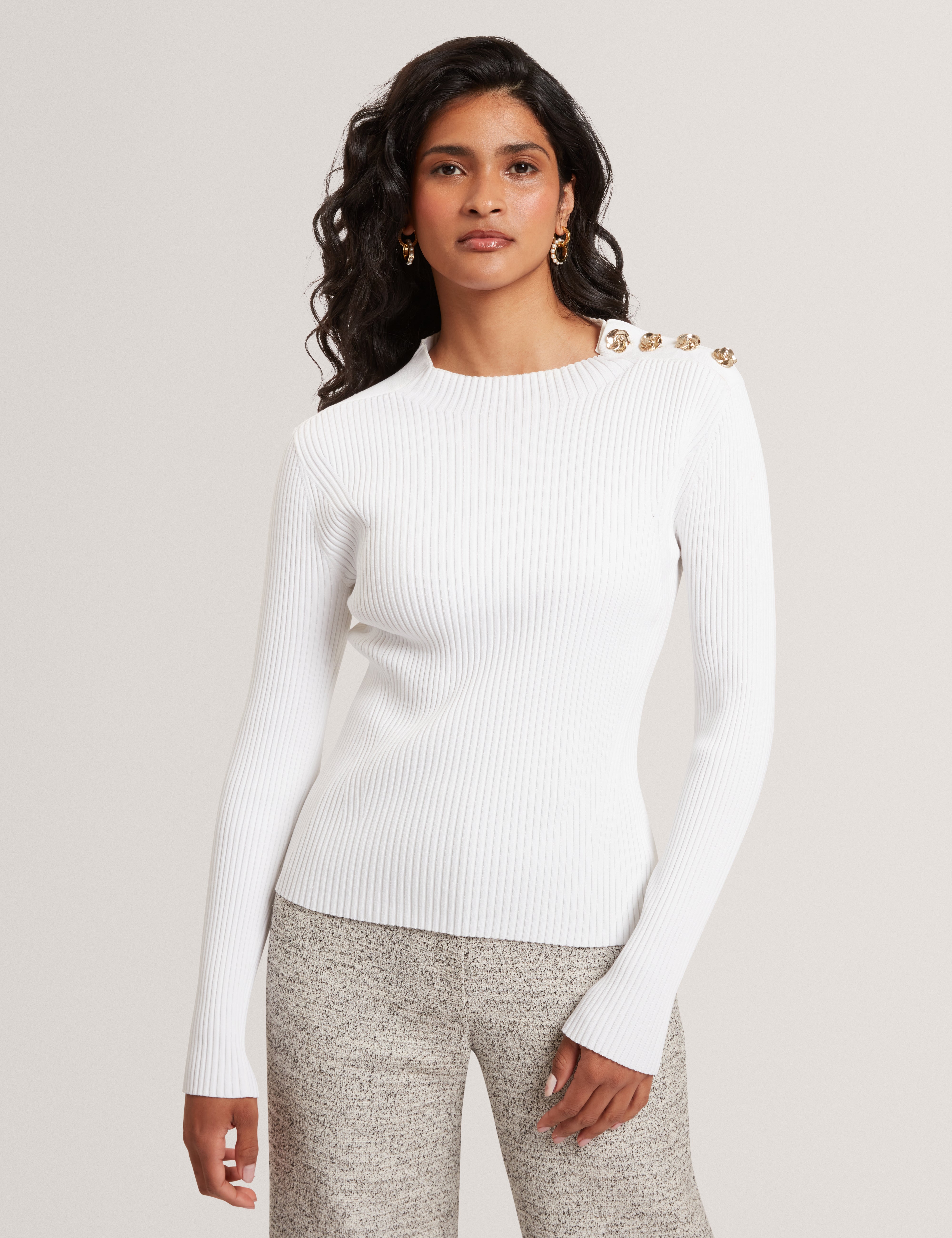 BLEANA: Rose Button Detail Long Sleeve Knitted Top