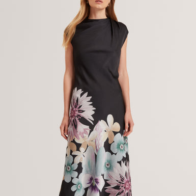 DEMITA: Printed Short Sleeve Draped Neck Midi Dr