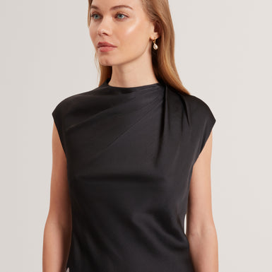 DEMITA: Printed Short Sleeve Draped Neck Midi Dr