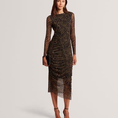 MAEMII: Ruched Mesh Midi Dress With Split
