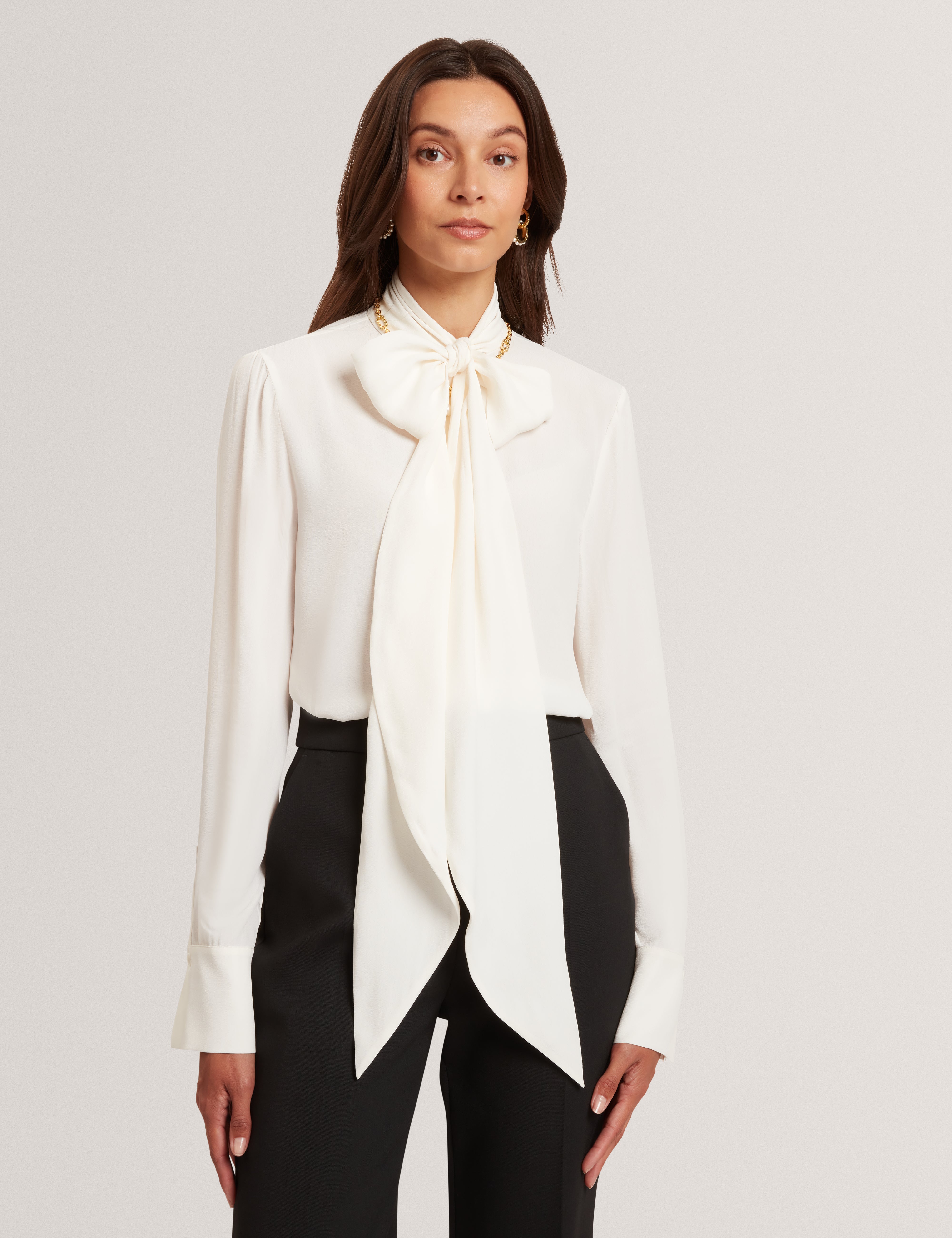 RESSIA: Long Sleeve Blouse With Neck Tie