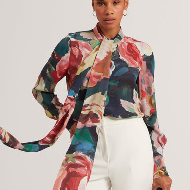 ARAGA: Tie Neck Printed Long Sleeve Shirt