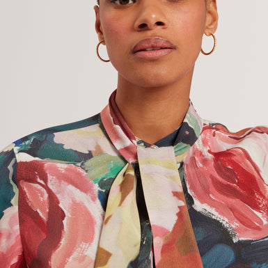 ARAGA: Tie Neck Printed Long Sleeve Shirt