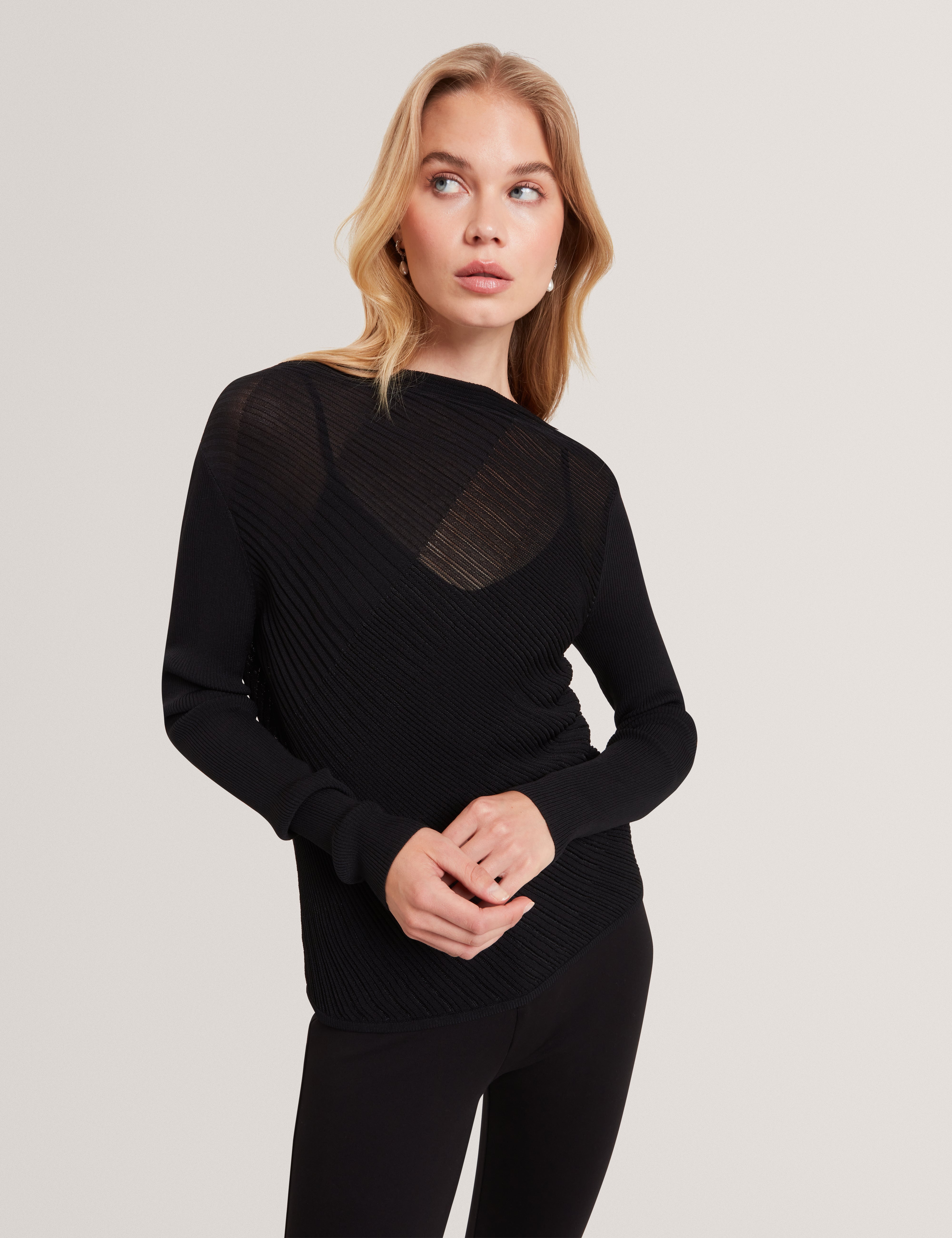 CEYLOAA: Long Sleeve Sheer Detail Knit Top