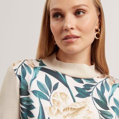 MERRNI: Printed Woven Front Knit Top