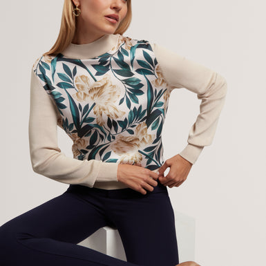 MERRNI: Printed Woven Front Knit Top