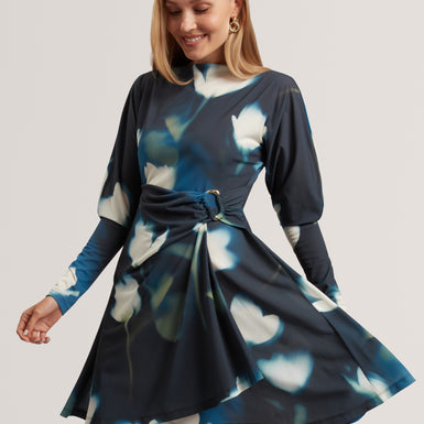 TAIRIEE: Printed Jersey Wrap Mini Dress