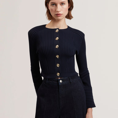 Women's DAYYZI-Rib Knit Biker Detail Cardigan Navy