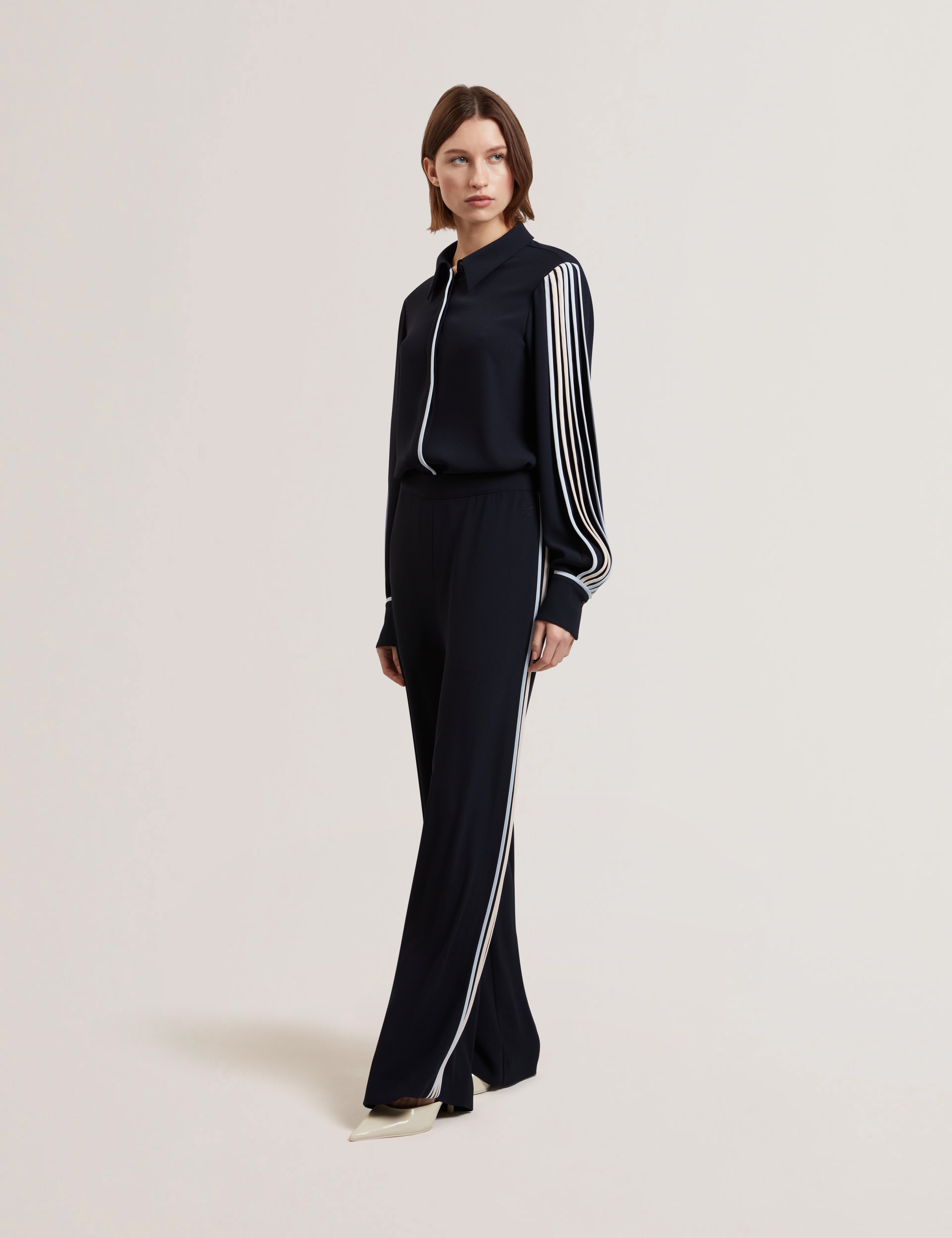 Women's GORJJA-Piping Detail Wide Leg Crepe Navy