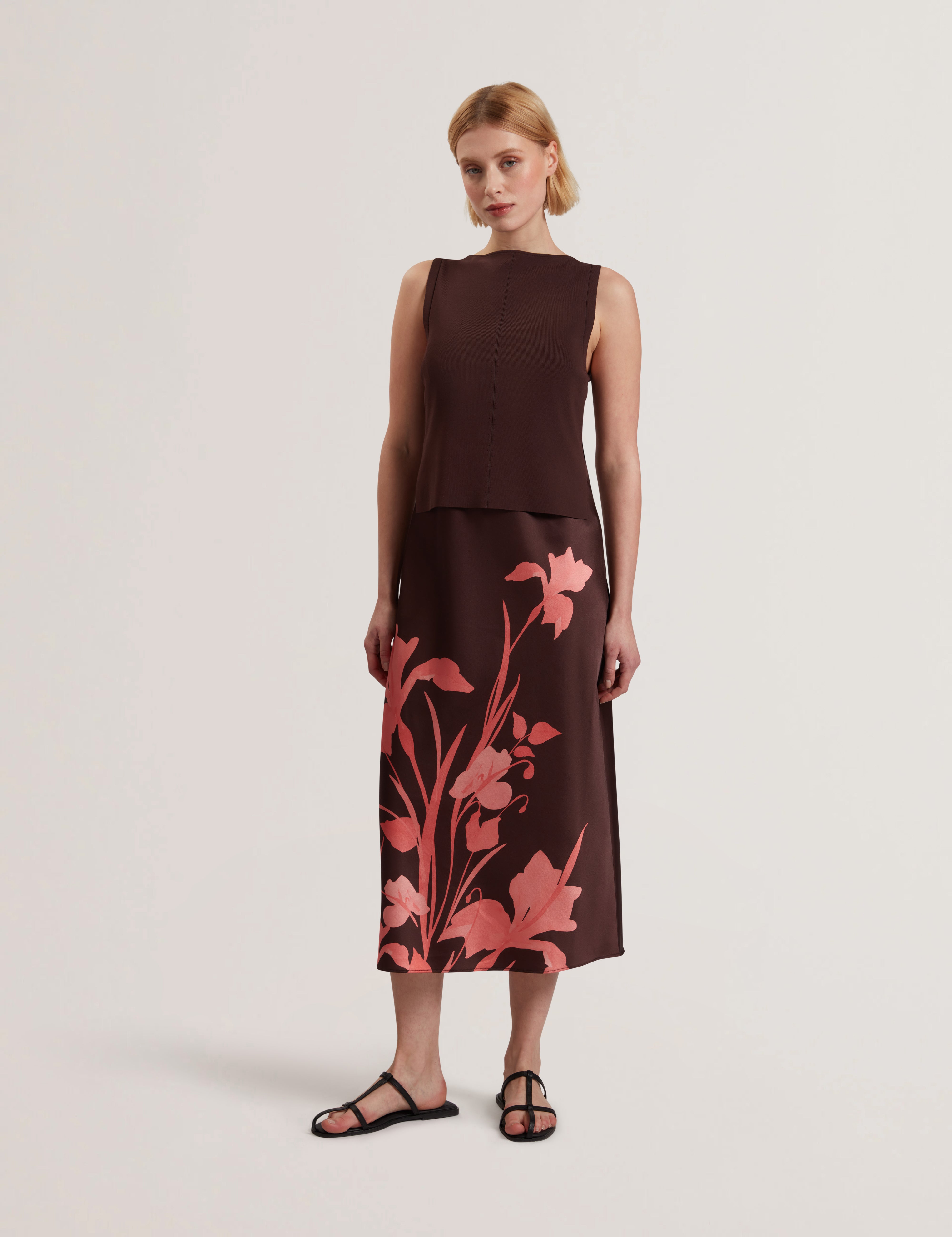 Women's LATTENA-Printed Satin Midi Dress With Removable Tank DK-Brown