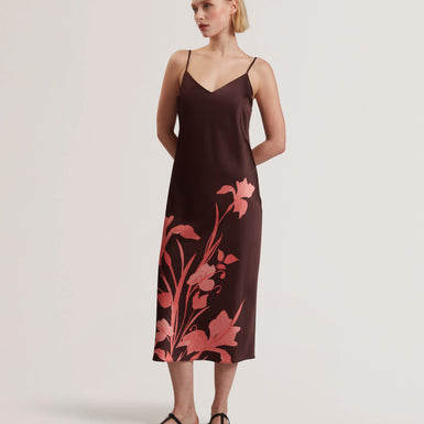 Women's LATTENA-Printed Satin Midi Dress With Removable Tank DK-Brown