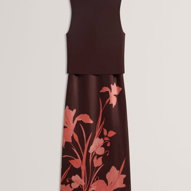 Women's LATTENA-Printed Satin Midi Dress With Removable Tank DK-Brown