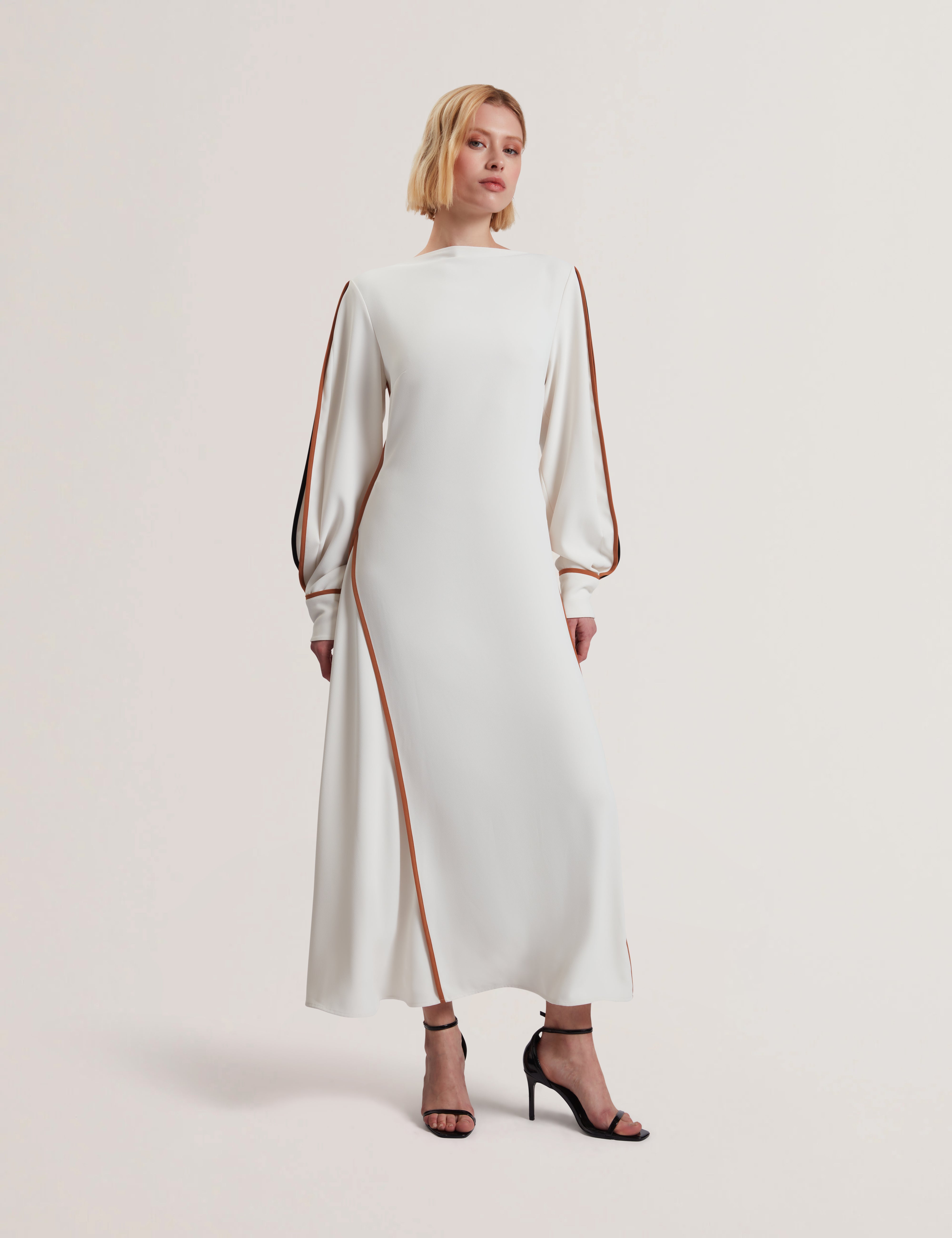 Women's MEARIM-Piping Detail Long Sleeve Mid Dress Ivory