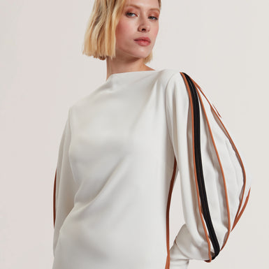 Women's MEARIM-Piping Detail Long Sleeve Mid Dress Ivory