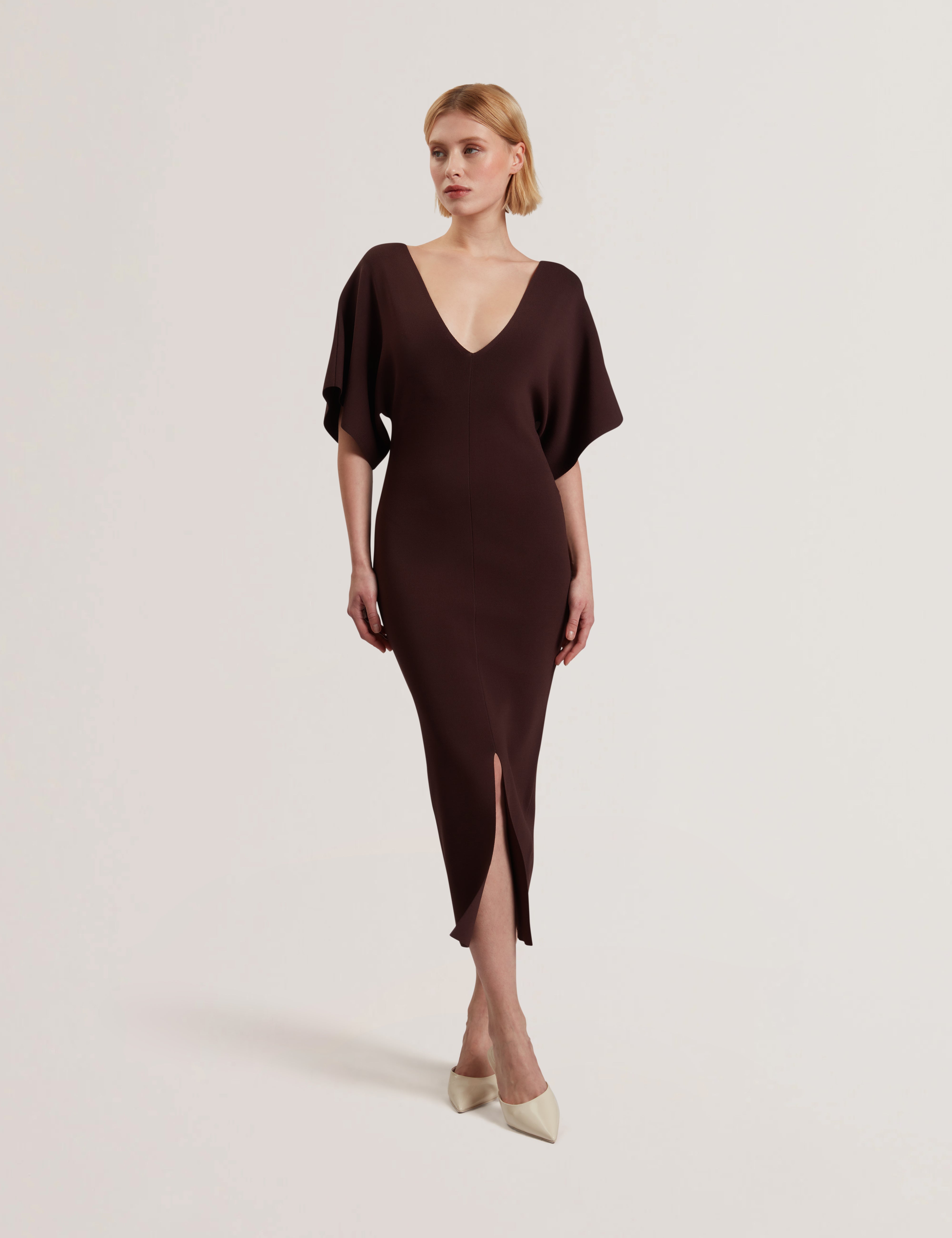 Women's REBEXXA-V-Neck Knitted Midi Dress Dk-Brown