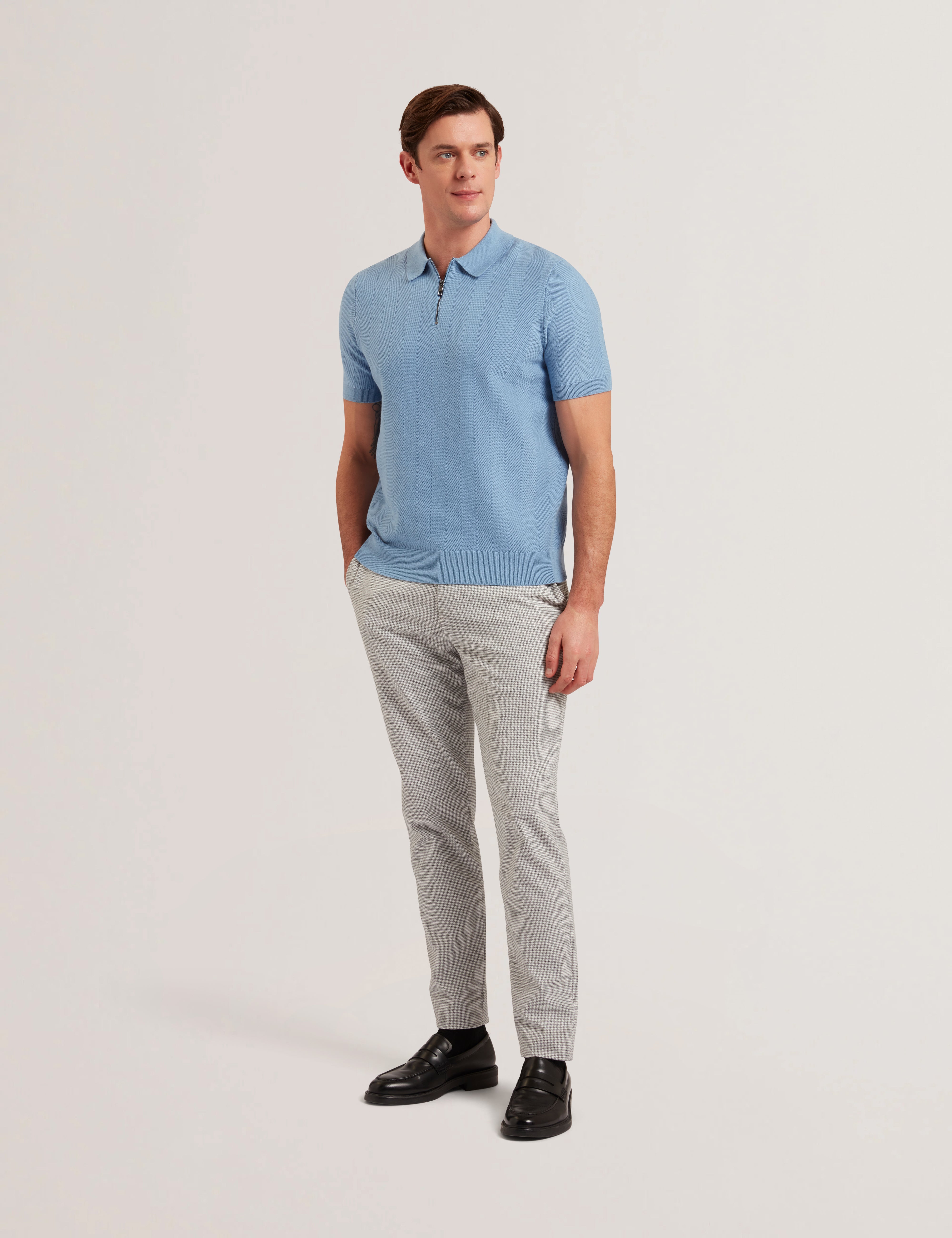 Mens FOURD-SS Herringbone Stitch Zip Polo Blue