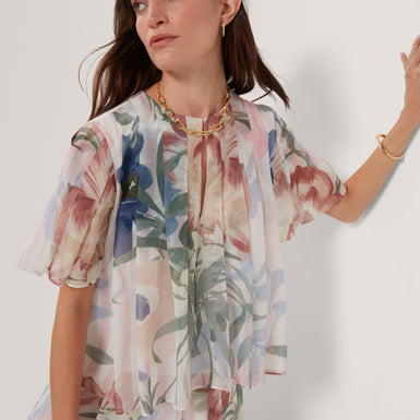 NANSII: Pleated Angel Sleeve Printed Top