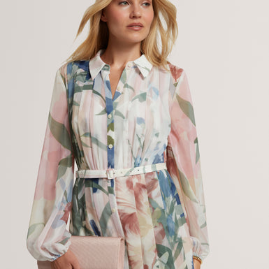 ARNIA: Pleated Midi Printed Shirt Dress