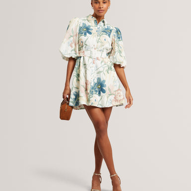 OLLIIV: Puff Sleeve Printed Mini Shirt Dress