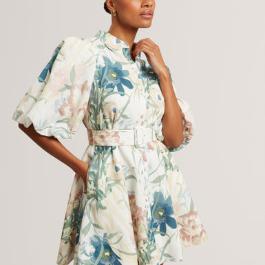 OLLIIV: Puff Sleeve Printed Mini Shirt Dress