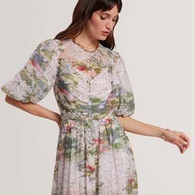 JONORA: Puff Sleeve Printed Midi Dress