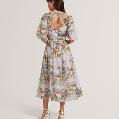 JONORA: Puff Sleeve Printed Midi Dress
