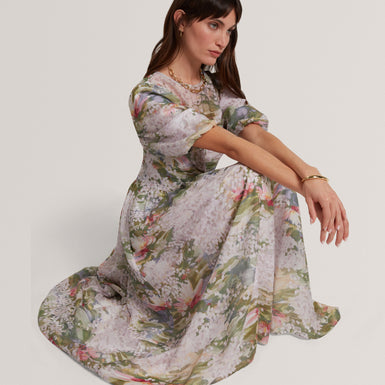 JONORA: Puff Sleeve Printed Midi Dress