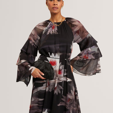 MOLIIA: Ruffled Long Sleeve Printed Maxi Dress
