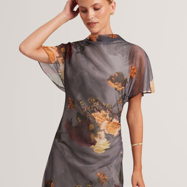 NOELHA: Printed Drape Neck Midi Dress