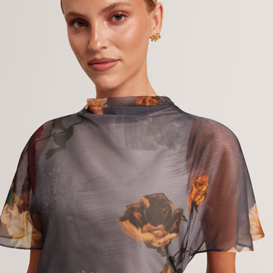 NOELHA: Printed Drape Neck Midi Dress
