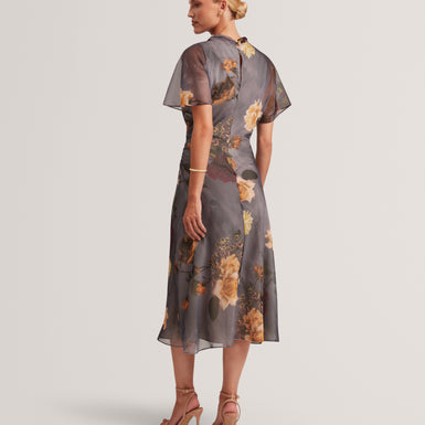 NOELHA: Printed Drape Neck Midi Dress