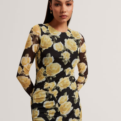 ELVYN: Printed Long Sleeve Bodycon Midi Dress
