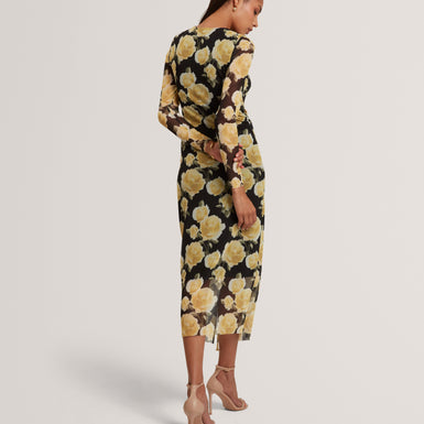 ELVYN: Printed Long Sleeve Bodycon Midi Dress