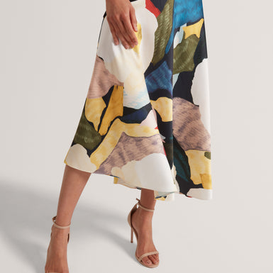 AESLYN: Printed Jersey Midi Dress With Satin Skirt