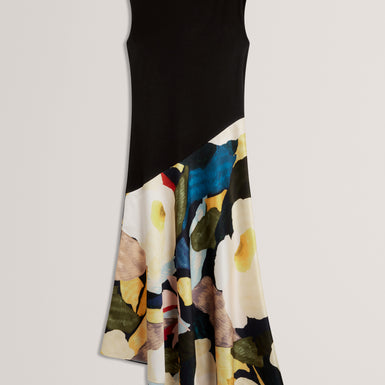 AESLYN: Printed Jersey Midi Dress With Satin Skirt