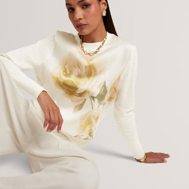 ROSINN: Long Sleeve Printed Woven Front Sweater