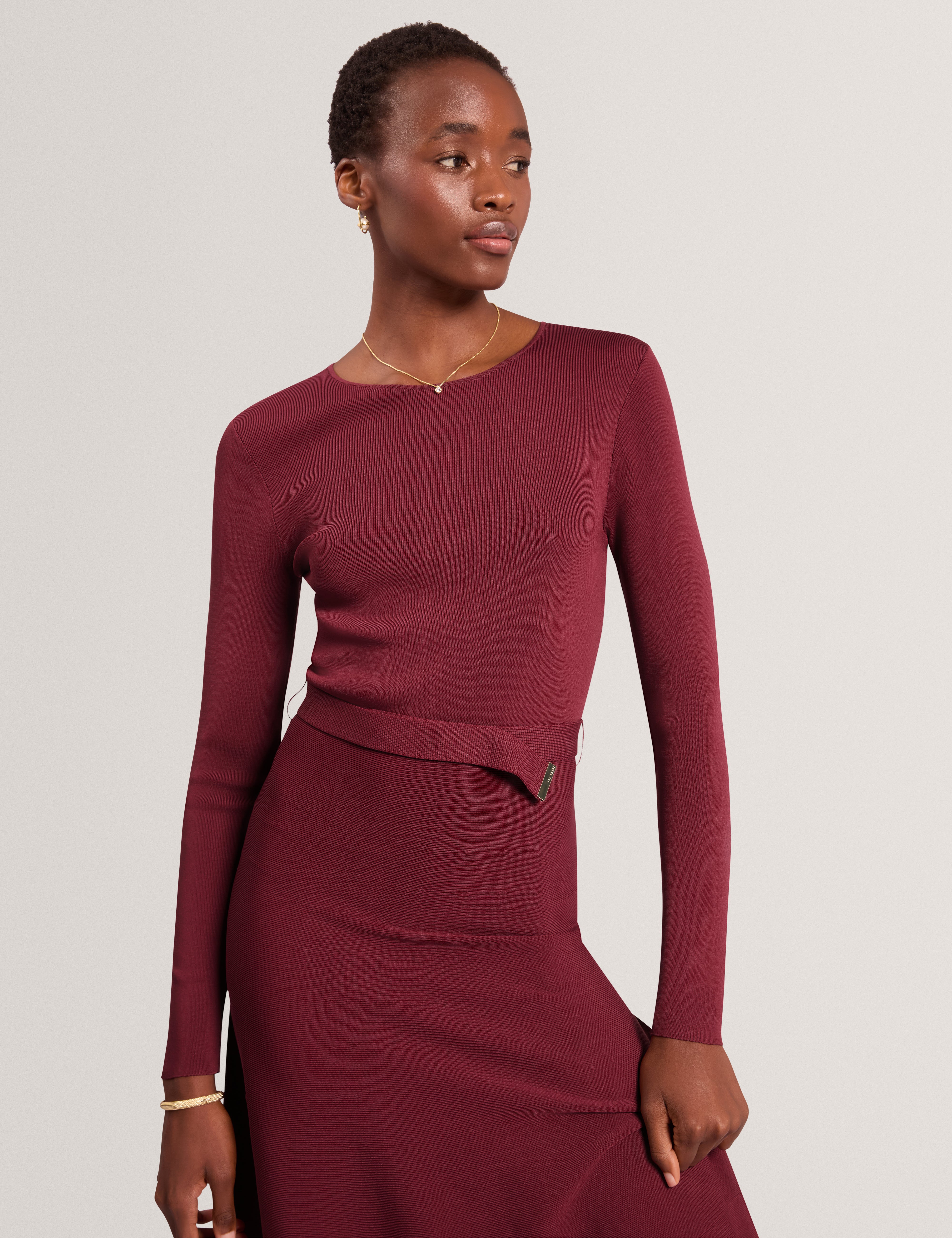 TALMAH: Long Sleeve Belted Knitted Midi Dress