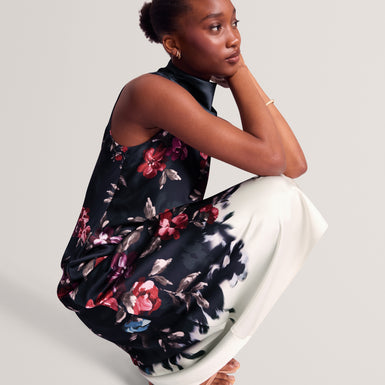 WICKLA: Floral Printed Drape Neck Midi Dress