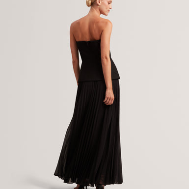RADDIM: Strapless Boucle Top Pleated Maxi Dress