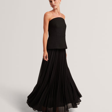 RADDIM: Strapless Boucle Top Pleated Maxi Dress