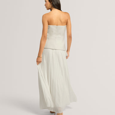 RADDIM: Strapless Boucle Top Pleated Maxi Dress
