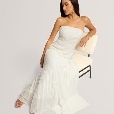RADDIM: Strapless Boucle Top Pleated Maxi Dress