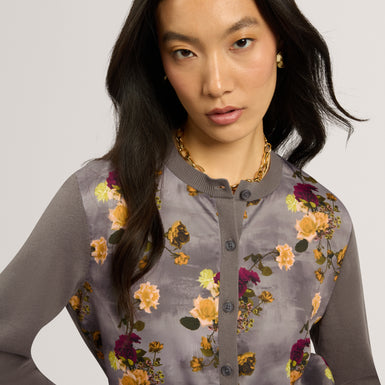 ROSALAH: Floral Printed Woven Front Cardigan