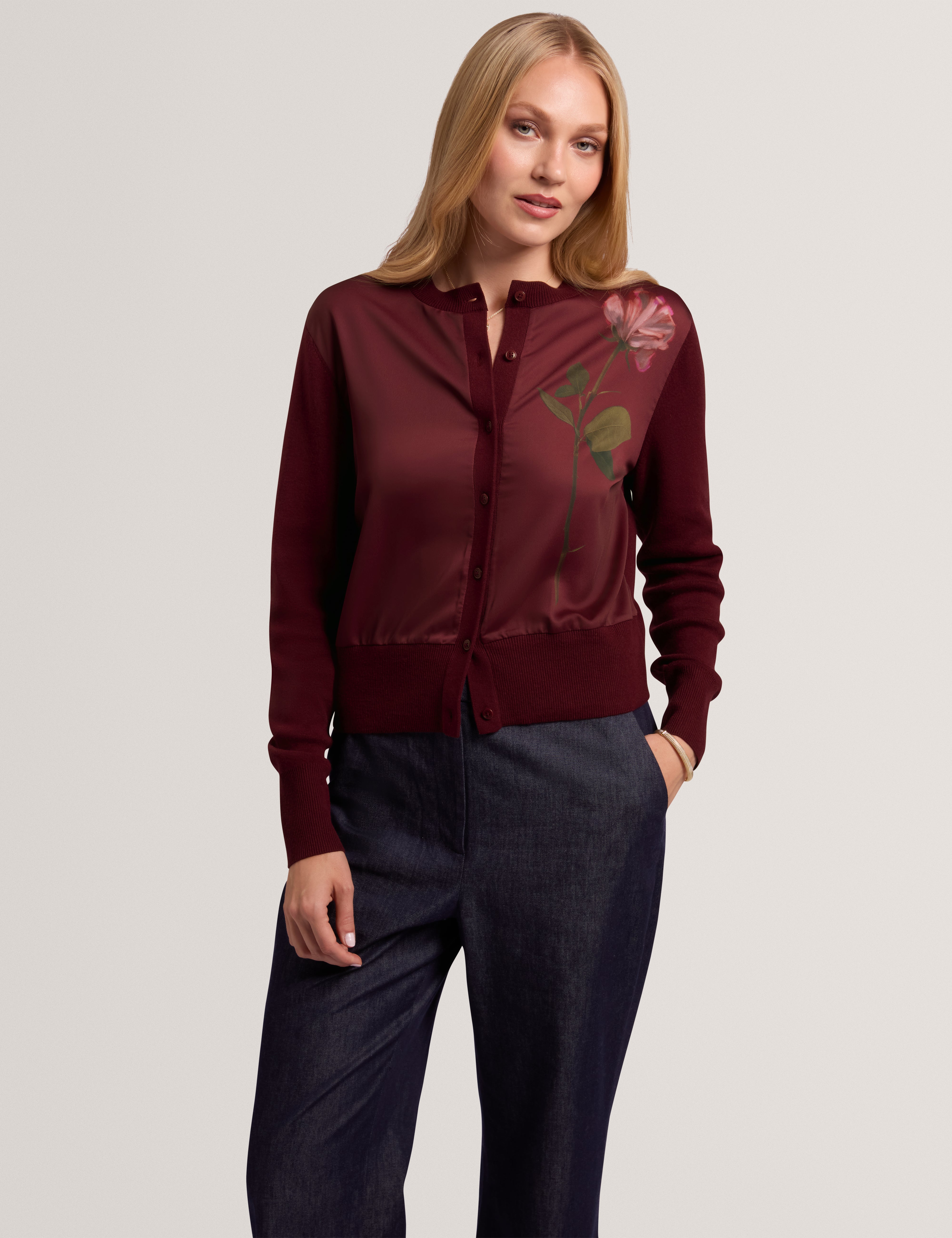 NOLYA: Floral Printed Woven Front Cardigan