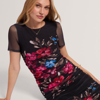 SOFIRA: Floral Print Ruched Bodycon Midi Dress